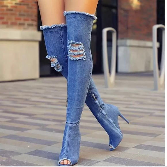 Denim Over-the-knee Peeptoe Boots - Picture 2 of 7
